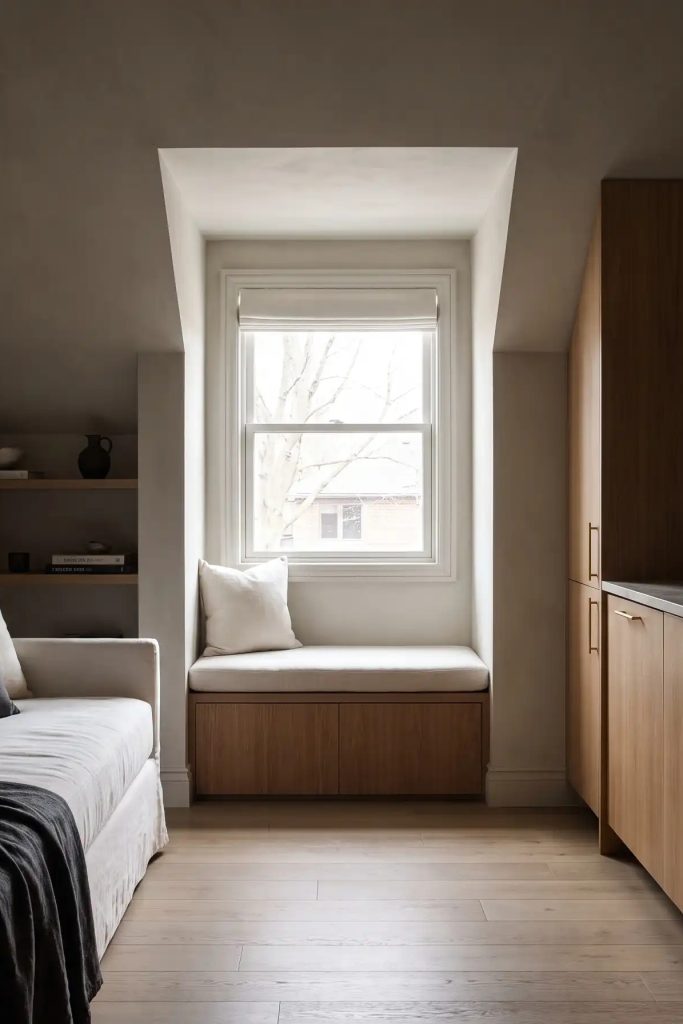 Garage suite interior with a window seat and built in cabinetry